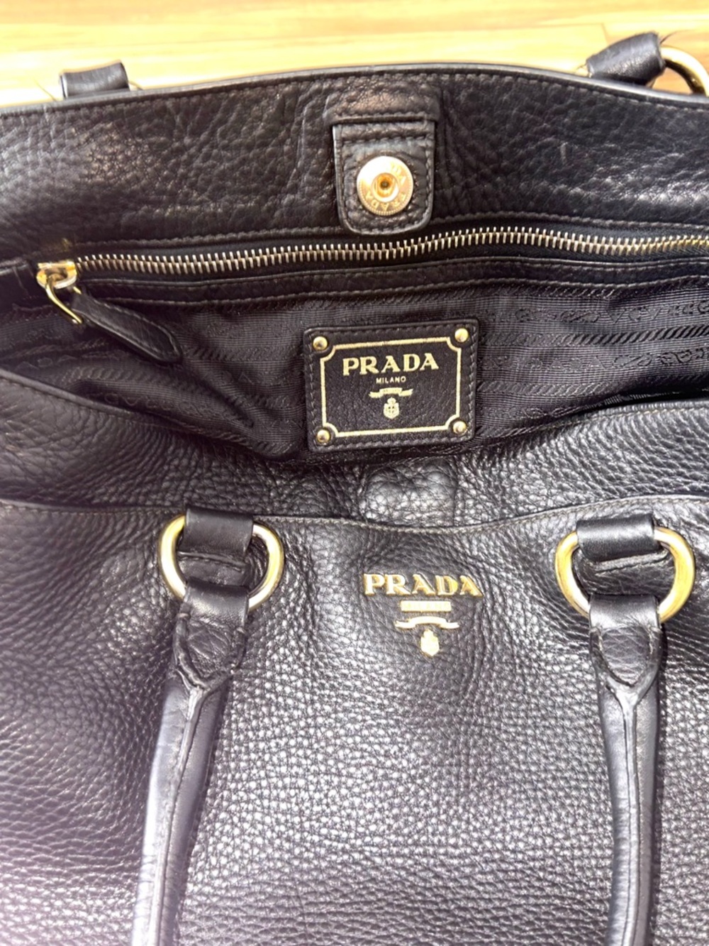 Authentic Prada Pebbled Leather Shoulder Tote Classic Black Gold Hardwear - Picture 8 of 16